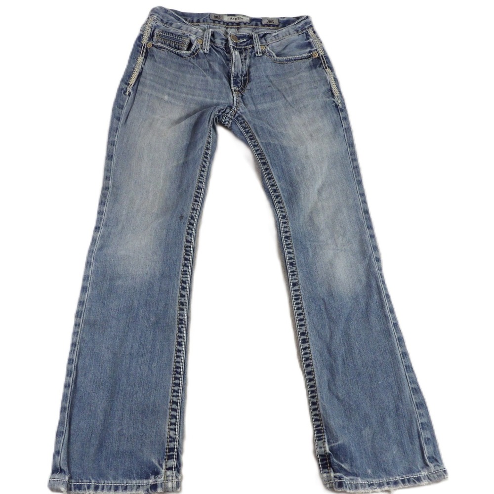 BKE Aiden Jeans Men 28 Blue Bootcut Distressed Heavy Stitch Buckle Denim Western